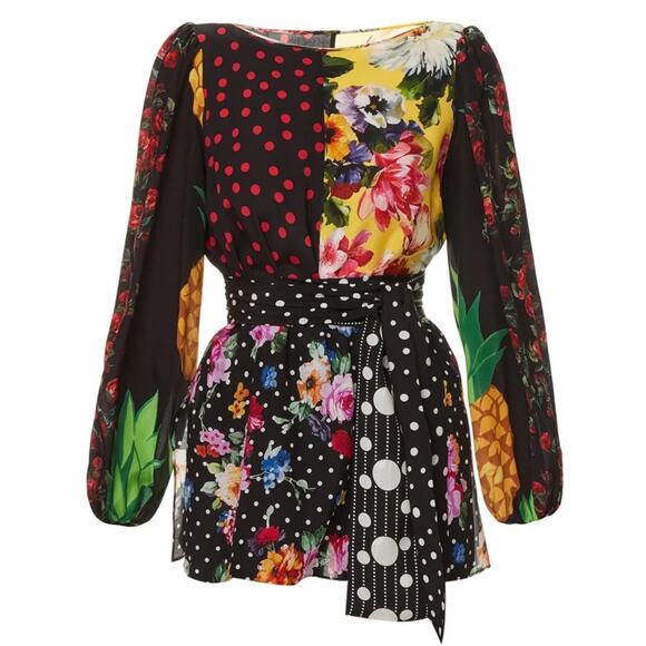 NWT DOLCE & GABBANA Printed Patchwork Blouse Belted Multicolor IT 38 XS - Picture 6 of 9